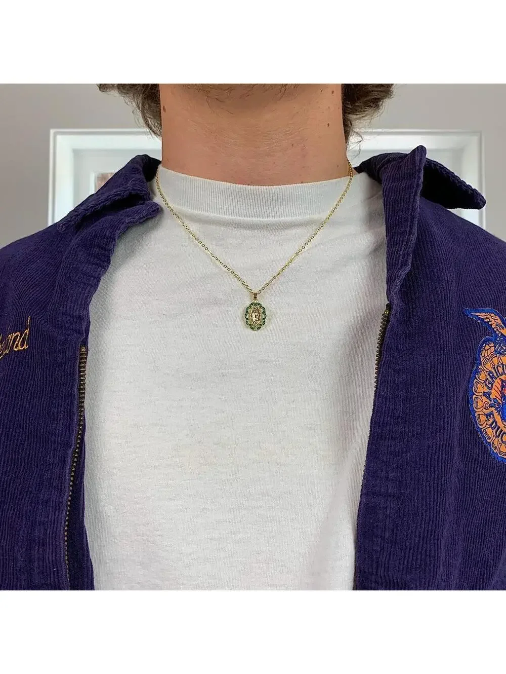 Y2K Gold Green Pendant Stone Necklace 19 Inch Unisex